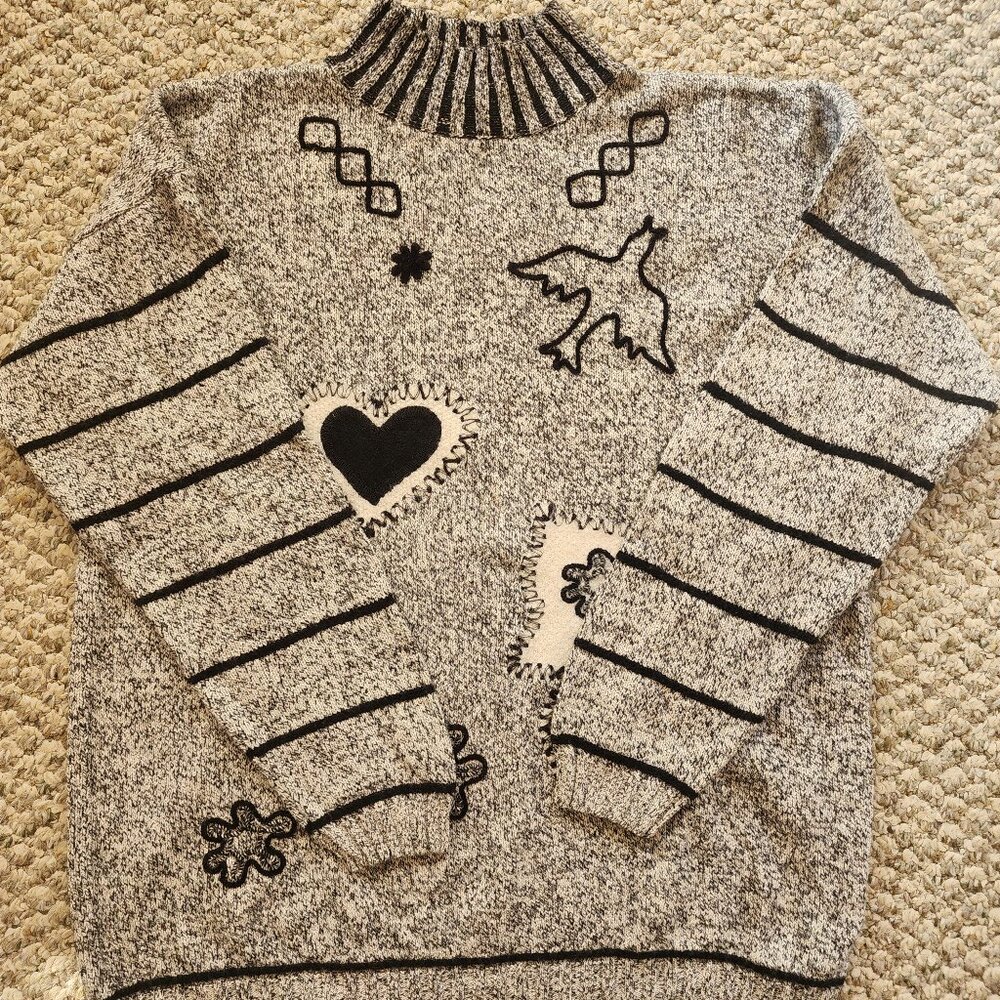LAUREL Womens Size 40(US Size 10) Mock Neck Tan Black Embroidered Sweater